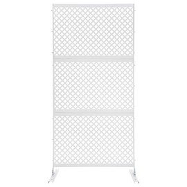 Outdoor Metal Privacy Screen with Stand, 35.4" W x 75" H Freestanding Metal Slatted Decorative Privacy Screen and Panels for Patio Garden Balcony Porch (White Grill)