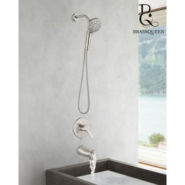 brassqueen Tub Shower Faucet Set with Magnetic 5-Function Handheld bathtub shower faucet set with Rough-in Valve Trim Kit Brushed Nickel