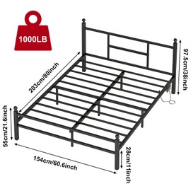 Fixwal Queen Size Bed Frame with Charging Station, Black Metal Platform Bed Queen Size with LED Light, Port and Outlet