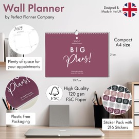 Wall Calendar 2025-2026 with Stickers. Month to View, January 25 to June 26 (18 Month) Family, Couples & Personal Calendar Organiser. Compact A4 Landscape. By Perfect Planner Company. (Mauve25-26)