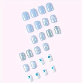 24Pcs Christmas False Nails - Press on XMAS Nails - Blue White Fake Nails with Snowflakes, Trees & Glitter - includes Gel Stickers AND Nail Glue XMAS03