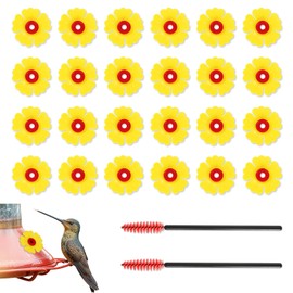 Tyqour 26pcs Hummingbird Feeder Replacement Flowers Parts Plastic Hummingbird Feeders with 2 Cleaning Brushes, Window Hummingbird Feeder Accessories for Outdoor Hanging Feeders(Yellow)