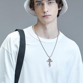 PDTJMTG Orthodox Cross Necklace for Men Sterling Silver Eastern Orthodox Cross Pendant with 22”+2” Stainless Steel Chain Gift for Men