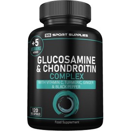 Glucosamine and Chondroitin High Strength Plus 5 Vitamins - 120 Complex Capsules 1,000mg (Providing 530mg Base) - Chondroitin 200mg - Added Turmeric, Ginger, Black Pepper, Vitamin C, B6, B1, D3 & B12