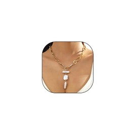 Vintage Gold Baroque Pearl Choker Necklace for Women,Chunky Geometric Irregular Pearl Pendant Chain Link Y Necklace,Trendy Statement Jewelry Gifts (Long)