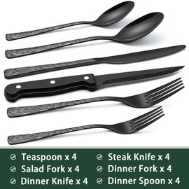 Black Hammered Silverware Set With Steak Knives, 24-Piece Stainless Steel Tree Pattern Flatware for 4, Food-Grade Tableware Cutlery, Utensil Set for Home Restaurant, Mirror Finish