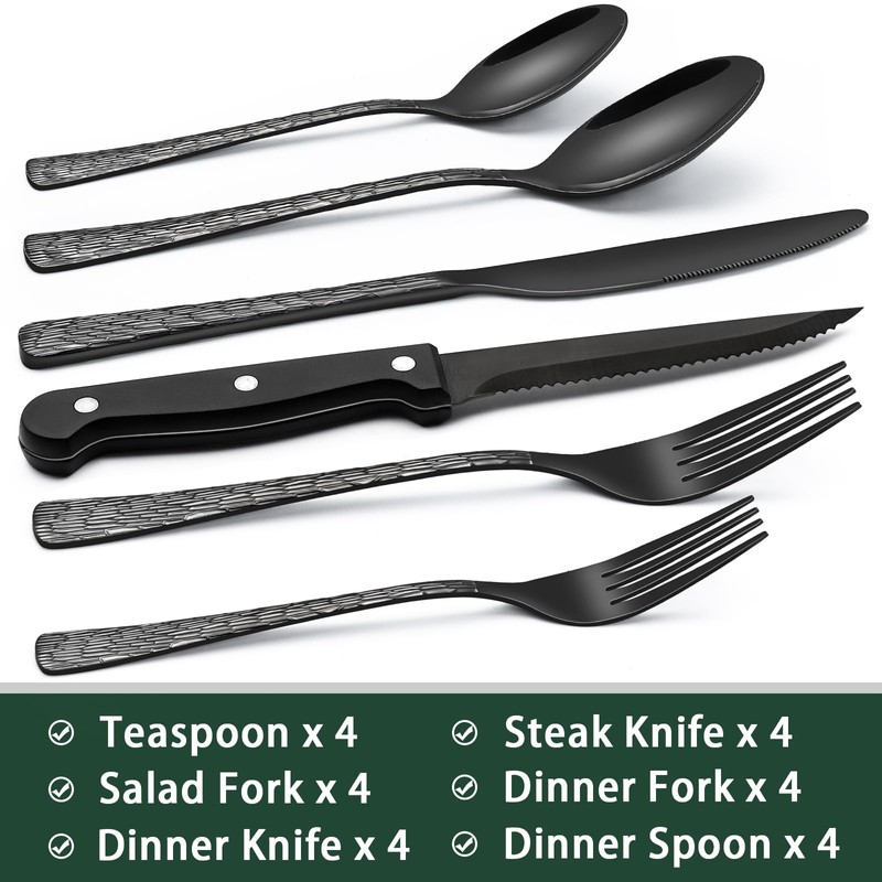 Black Hammered Silverware Set With Steak Knives, 24-Piece Stainless Steel
