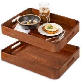Acacia Wooden Serving Trays with Handles for Eating, Appetizers, Food, Snacks, or Home Decor, Large Wood Bed Tray or TV Tray, Decorative Ottoman or Coffee Table Accessory, 17x13 inch, Set of 2