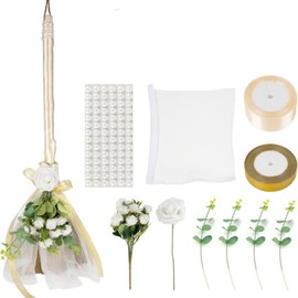SISIMER Wedding Broom African Jumping Ceremony Decorative Broom DIY Wedding Decor, White Tulle Accents with Pearl Gold Ribbon Artificial Flower Bouquets