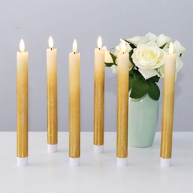 DRomance Gold Flameless Taper Candles Battery Operated with Remote Timer, Real Wax 3D Wick Flickering LED Taper Candles Dinner Wedding Holiday Decor(6 Pack, 0.78 x 9.64 Inches)
