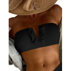WDIRARA Women's Ruffle Notched Neck Lace Up Smocked Swim Tops Bandeau Bikini Top Strapless Solid Padded Bathing Suit Top, Black, X-Large