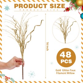 Craftsatin Christmas Glitter Curly Tree Picks Wispy Willow Stem Glittered Twigs Decor Wreath Garland Floral Arrangement Glitter Stems for Xmas Tree Decor(Gold,48 Pcs)