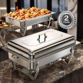 WARMOUNTS Chafing Dishes for Buffet (9QT, 2 Pack) - Easy Assembly, Food-Grade Stainless Steel Chafers for Catering w/Rolled Edge Design, Foldable Frame, for Party, Banquet (Full Size Food Pan)