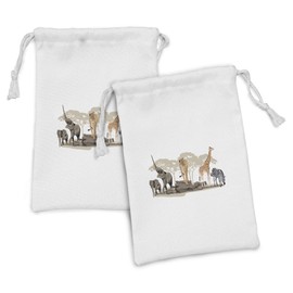 Lunarable Savannah Fabric Pouch Set of 2, Cartoon Illustration of Wild Savannahs Animals Exotic Giraffe Lion Zebra Print, Small Drawstring Bag for Toiletries Masks and Favors, 9" x 6", Multicolor