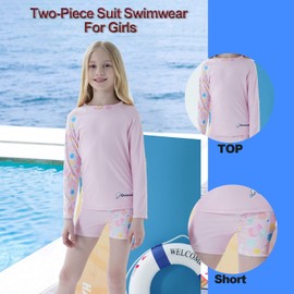 FAFSGOD Girls Swimsuit Long Sleeve Bathing Suit UPF 50+ UV Kids Beach Bathing Suit Two Piece Sets Swimwear Suits 4-14 Years (Pink,11-12Y)