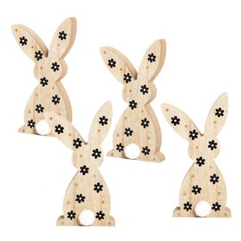 Logbuch-Verlag 4 Small Easter Bunnies Wooden 15 cm Decorative Easter Figurine Gift Black/White Natural with Flowers