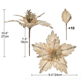 WishTip Christmas Poinsettia 10pcs 9.4-Inch Large Christmas Flowers Picks Spray Artificial Glitter Flower Ornaments for Christmas Tree Wreath Garland Decoration (Champagne)