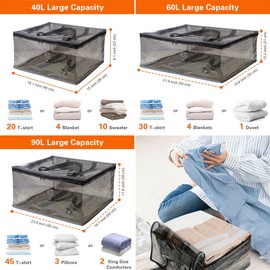 Vieshful Gray 40L+60L+90L Clear Clothes Storage Bag with Zipper 3 Pack Colorful Clothes Organizer Vinyl Storage Bag for Comforter, Blanket, Bedding, Duvet, Transparent Moving Totes