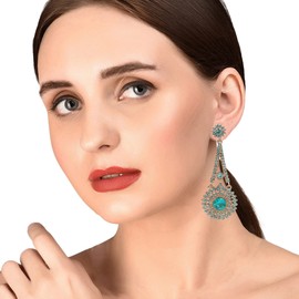 Touchstone Indian bollywood majestic touch faux turquoise blue quartz rhinestones victorian theme wedding or evening long bridal chandelier designer jewelry earrings in antique gold tone for women.