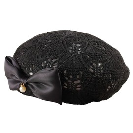 Women Beret Hat Trendy Bow Pearl Woven Beret Summer Hollow Out Hat Slouchy Crochet French Artist Cap Floral Beanie Hat