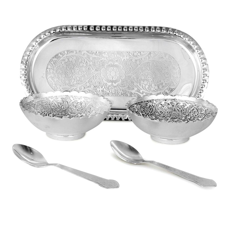 Zap Impex Engraved Silver Brass Bowl Tray and Spoon Set