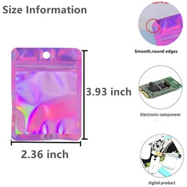 100 Pack Resealable Mylar Bags Smell Proof Bags Packaging Plastic Ziplock Bag with Clear Holographic Rainbow Window Mylar Storage Bags For Candy,Jewelry,Screw (2.36 x 3.93 inch, Holographic Pink)