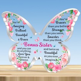 JMIMO Bonus Sister Gifts Inspirational Butterfly Shaped Acrylic Plaque for Bonus Sister Christmas Birthday Gifts Keepsake