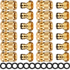 Therwen 12 Sets Garden Hose Connector Solid Brass 3/4 Inch Quick Water Hose Connectors No Leak Heavy Duty Garden Hose Fitting Female Adapter and Male Adapter