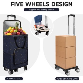 TAMACART Shopping Cart on 5 Swivel Wheels, Foldable Grocery Cart with Removable Insulated Bag & Telescoping Handle,Rolling Cart for Groceries Market Laundry