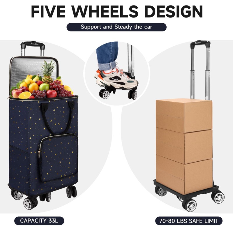 TAMACART Shopping Cart on 5 Swivel Wheels, Foldable Grocery Cart