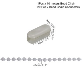 sourcing map 10 Metres/10.94 Yard Plastic Roller Blind Bead Chain with 20 Pieces Chain Connectors for Bead Roller Blinds Grey