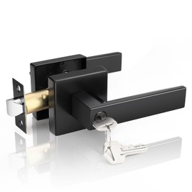 Probrico 1 Pack Door Handle with Lock and Keys, Exterior/Interior Privacy Door Levers, Heavy Duty Indoor Matte Black Door Handle, Reversible for Left Right Sided Door