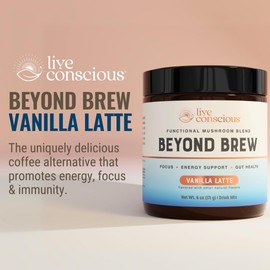 Beyond Brew Vanilla Latte Coffee Alternative - Mushroom Complex w/Lion’s Mane, Reishi, Cordyceps & Chaga for Sustained Focus, Energy & Immunity Support. Prebiotics & Probiotics Support Gut Health, 30