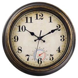 Horizent Outdoor Clocks Waterproof with Thermometer Vintage Wall Clock Decor for Bathroom Patio Pool Garden(12 Inch)