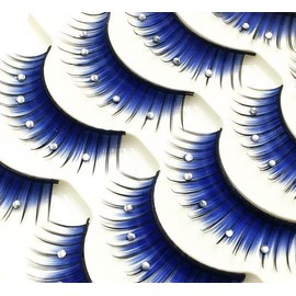 5 Pairs Blue Fluffy False Eyelashes with Rhinestone 3D Shiny Long and Thick Exaggerated False Eyelashes Extension Handmade Grafting Dramatic Fake Eyelashes Makeup Eye Lashes for Women and Girls