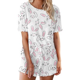 Women's Ruffle Short Sleeve Tops and Shorts Cute Pink Rabbit Printed Easter Bunny Pajama Set PBU L