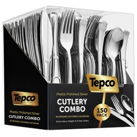 150 Silver Plastic Silverware Set-Plastic Silver Cutlery Set-Disposable Flatware Silver-50 Silver Plastic Forks, 50 Silver Plastic Spoons, 50 Silver Cutlery Knives Heavy Duty Silverware Party Bulk