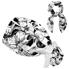 Vintage Skull and Flowers Cherry Women Surgical Cap with Buttons, Long Hair Scrub Hat with Bow Hair Scrunchy Ponytail Holder