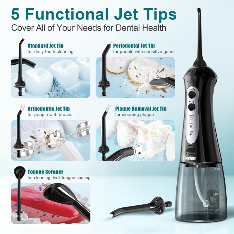 Nicefeel Cordless Water Dental Flosser – 300ML BPA-Free Portable Oral