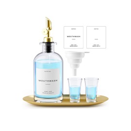 Moryimi Mouthwash Dispenser, 16oz Glass Mouthwash Decanter for Bathroom, Mouth Wash Container Mouthwash Bottle with Pour Spout, Reusable Mouthwash Dispenser Set with Cups and Gold Tray
