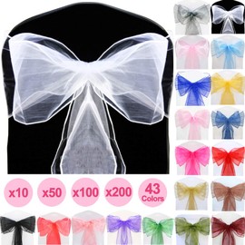 Time to Sparkle Pack of 10 Organza Sashes 22x280cm Wider Sash Fuller Bows Chair Cover Bows Sash for Wedding Party Birthday Decoration - White