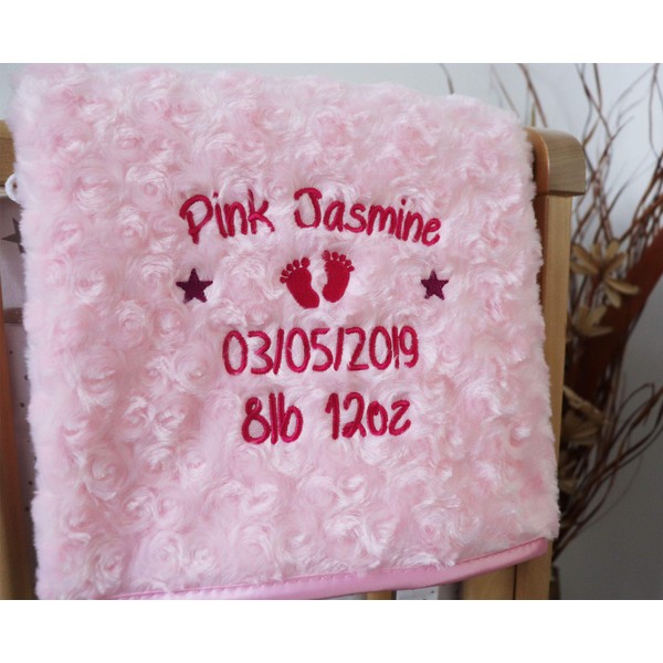 Personalised Baby Blanket Luxury Rosebud Style Pink Round Font Name