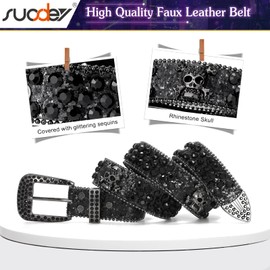 SUOSDEY Skull Rhinestone Belt for Men Women Sparkly Bling Diamond Sequin Studded Belt Western Cowgirl Cowboy Belt, Black