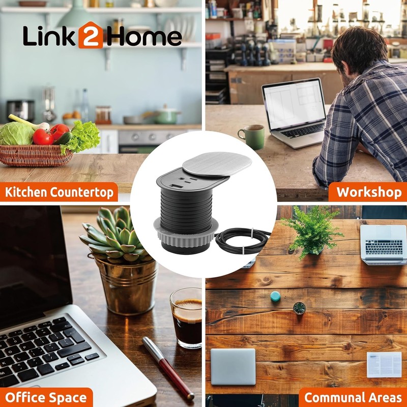 Link2Home 2 Pack Space Saver Grommet Socket with USB, 1