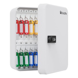 Uniclife 28-Key Steel Key Cabinet with Combination Lock Wall Mounted Key Organizer with Resettable Code White Digital Security Box with Hooks and Large Key Tag Labels Identifiers in 5 Assorted Colors