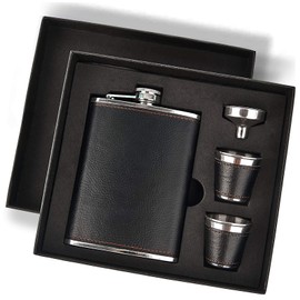 Hip Flask Gift Set, Hip Flasks for Liquor for Men with Black Leather Cover, 8 Oz Hip Flask Set, 18/8 Stainless Steel Hip Flasks for Liquor with 2 Cups & Funnel, Flasks for Liquor for Men Gift Box1