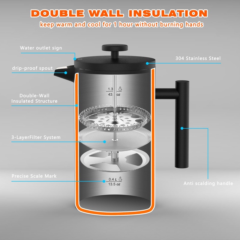Miscedence French Press Coffee Maker，50OZ Double Wall Vacuum Insulated 304