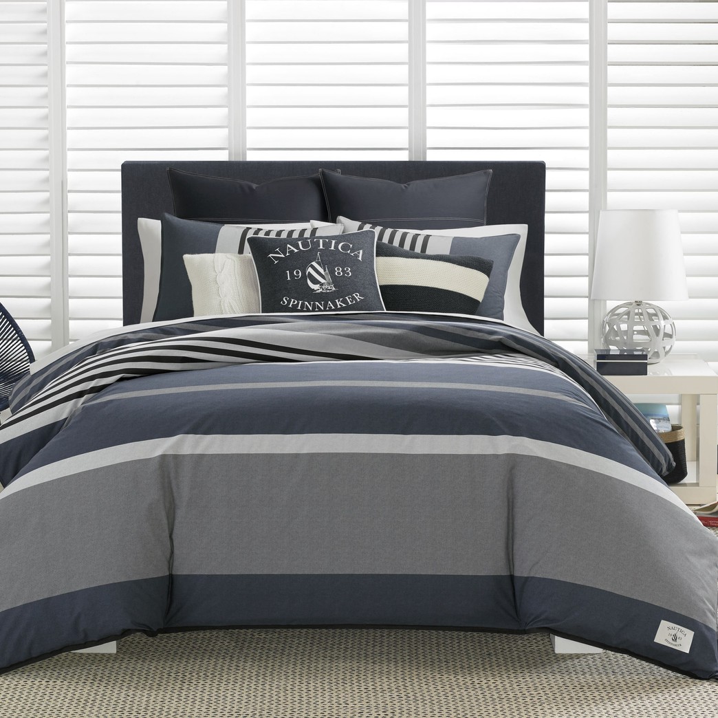 Nautica | Rendon Collection | 100% Cotton Cozy & Soft, Durable & Breathable Striped Duvet Cover with Matching Sham, Twin, Charcoal