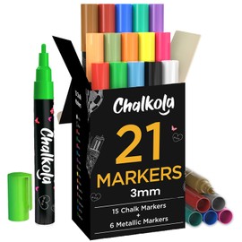 Chalkola Fine Tip Chalk Markers for Blackboard & Glass Markers (Pack of 21, 3mm Reversible Tip) | Washable Window Markers, Liquid Chalk Pens for Calendar, Mirror, Car | Chalkboard Markers Erasable