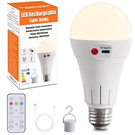 Powfloven Cordless Rechargeable Battery Operated Light Bulbs with Remote, 1 Pack E26 Wireless LED Battery Powered Light Bulb for Non-Hardwired Lamps, 500LM, 3 Color Temperatures, Dimmable, Timer